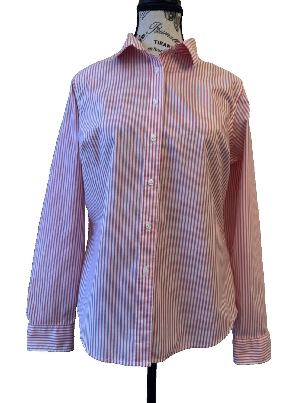 LLBean Women’s Blouse XS Long Sleeve Button Up Fitted Pink & White Stripe